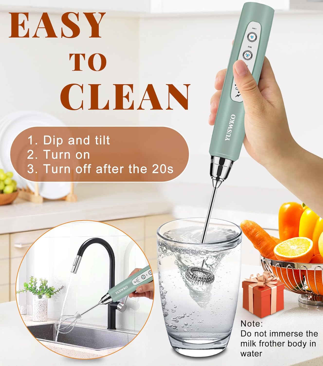 YUSWKO Milk Frother Handheld for Coffee, Rechargeable Drink Mixer with 3 Heads 3 Speeds Electric Coffee Frother Whisk, Gift for Many Occasions and Festival