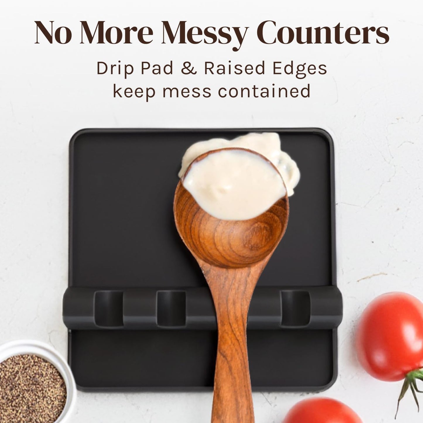 Black Silicone Spoon Rest for Stove Top with Drip Pad (Two Pack) - Heat-Resistant, BPA-Free Utensil Rest & Spoon Holder for Kitchen Counter - Grill Utensil Holder for Spatulas, Tongs, Ladles