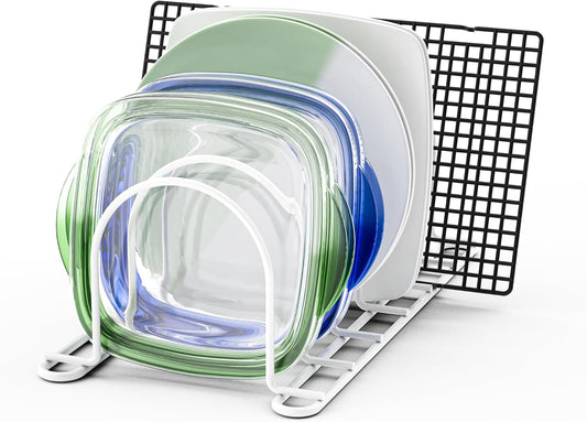 JAQ Pot Lid Rack Organizer, 10.5" Kitchenware Dividers Holder for Plates, Pans,Chopping Boards, Muffin Tins, Baking Sheets in Cabinets Shelf Countertop Pantry (White, 6-Slot)