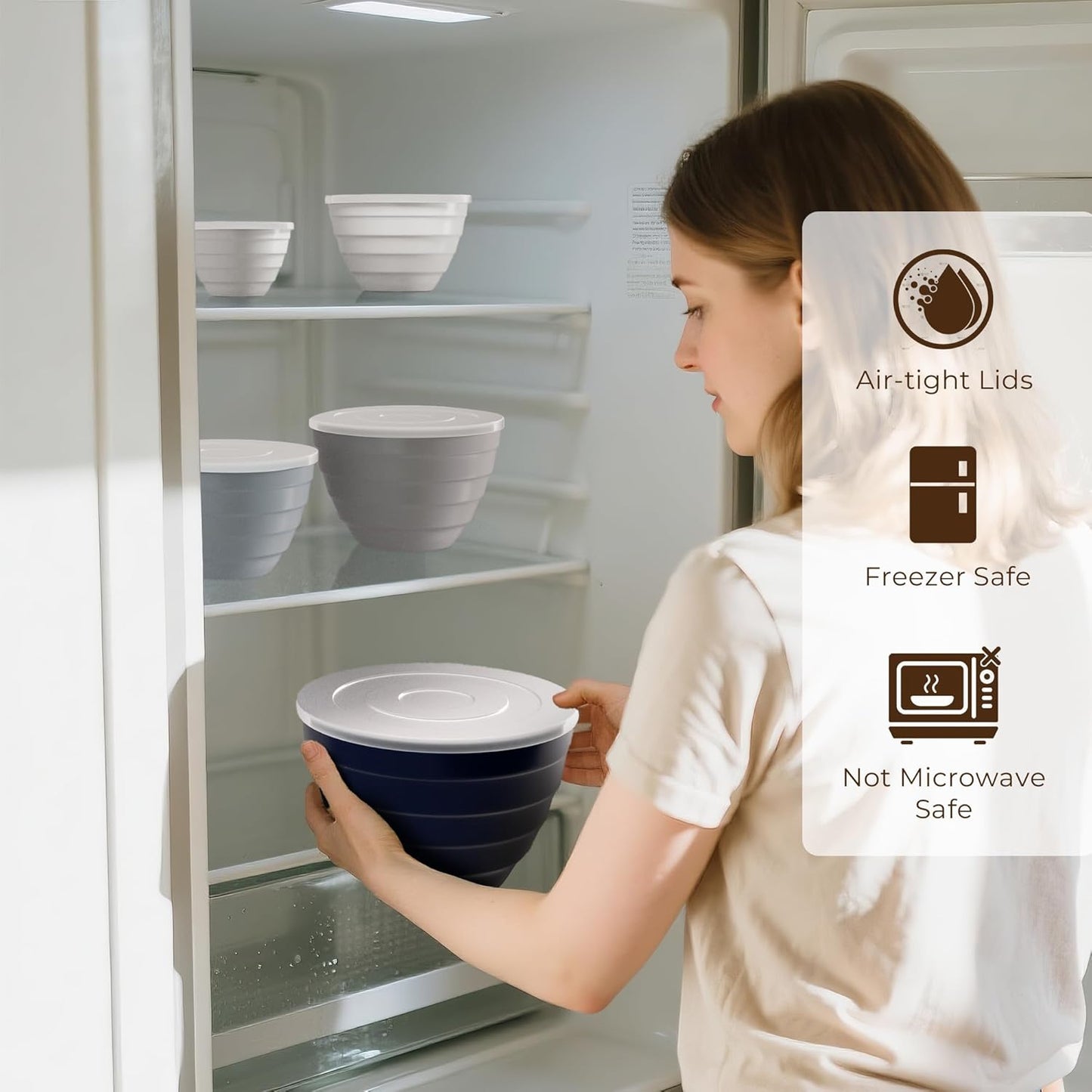 TP Mixing Bowls with Lids, 10-Piece Nesting Melamine Bowls Set for Prepping Serving Baking Cooking, Non Slip Bottom, Set of 5, Blue and White