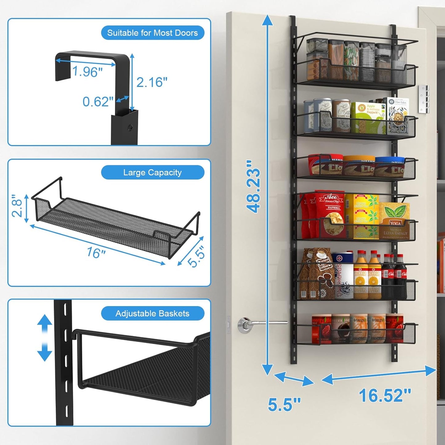 Over the Door Pantry Organizer, 6-Tier Over the Door Organizer with Adjustable Basket, Pantry Door Organization for Pantry Kitchen Storage Room Spice Rack, Black