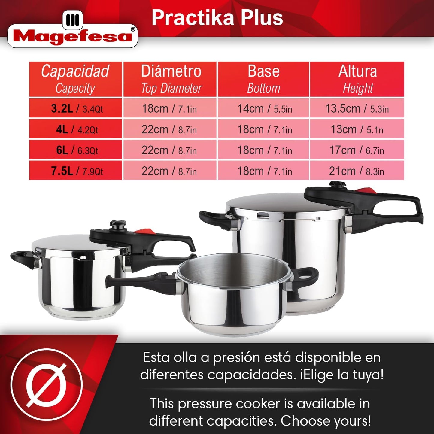 MAGEFESA Practika Plus 6.3-Quart Pressure Cooker – 18/10 Stainless Steel, Induction Compatible, 5-Layer Heat Diffuser Bottom, 5 Safety Systems, Even Heat Distribution