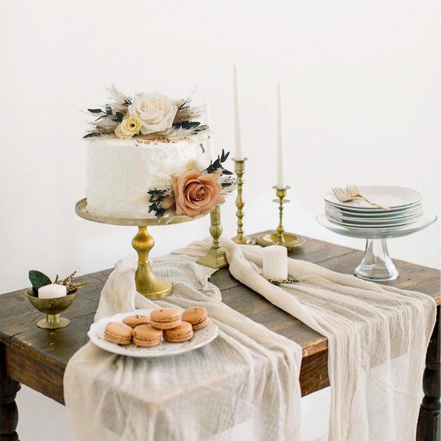 Rinlong 3Pcs Pre-made Boho Cake Toppers Pampas Cake Decorations Birthday Wedding Cake Decorating Flowers Baptism Decor for Women Girls