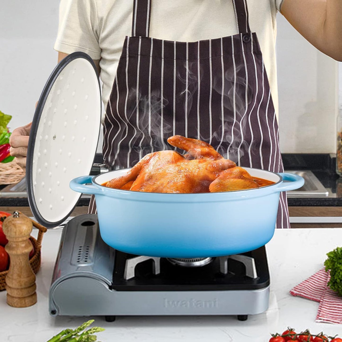 Enameled Cast Iron Oval Dutch Oven, 7 qt Oval Dutch Oven Pot with Lid and Dual Handles for Braising, for Braising, Broiling, Bread Baking, Frying, Light Blue