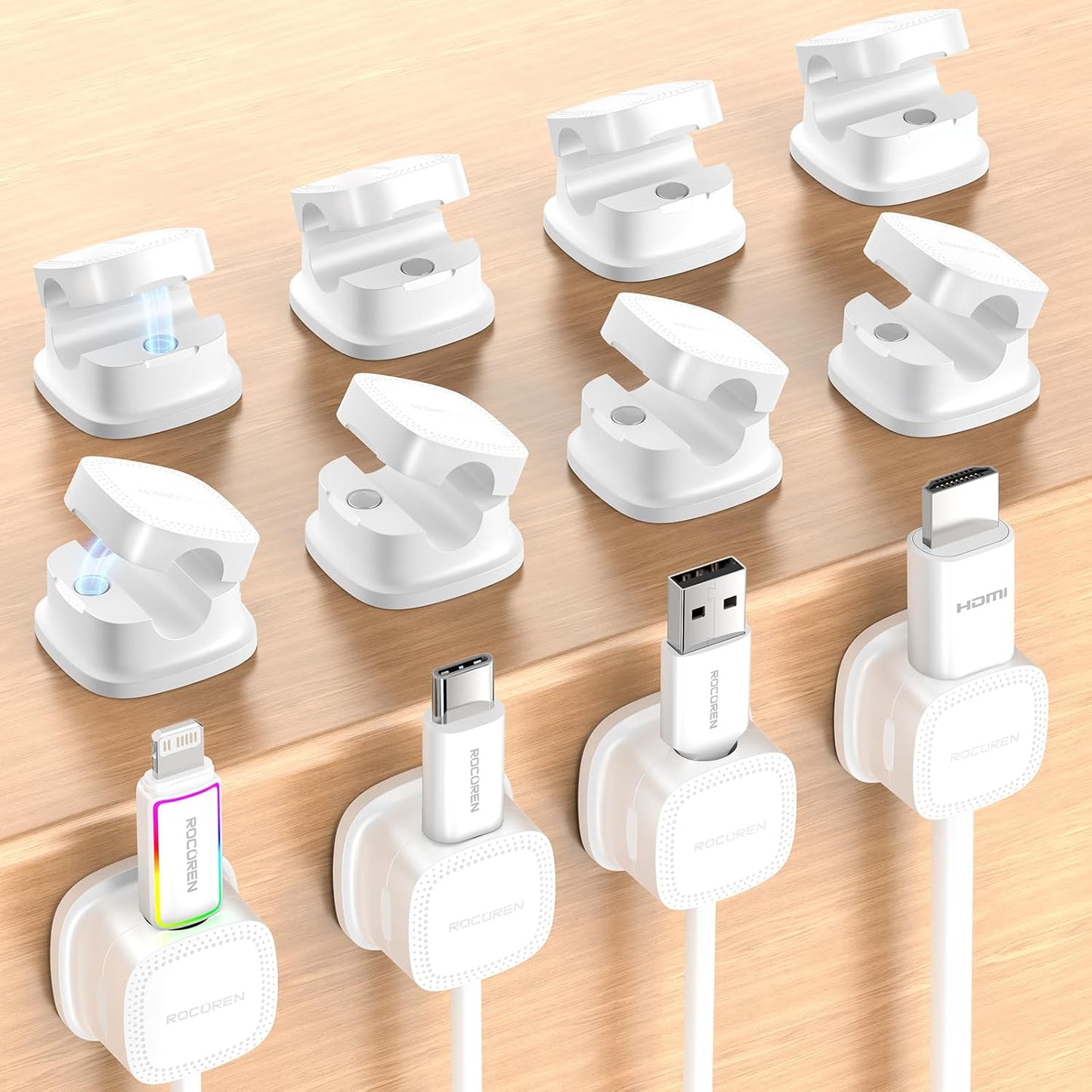 12-Pack Magnetic Cable Clips Cord Organizer-Cable Smooth Adjustable, Rocoren Desk Cable Management Accessories,Cable Holder Clips Wire Holder Keeper for Desktop,Nightstand,Wall,Home Office,Phone,Car