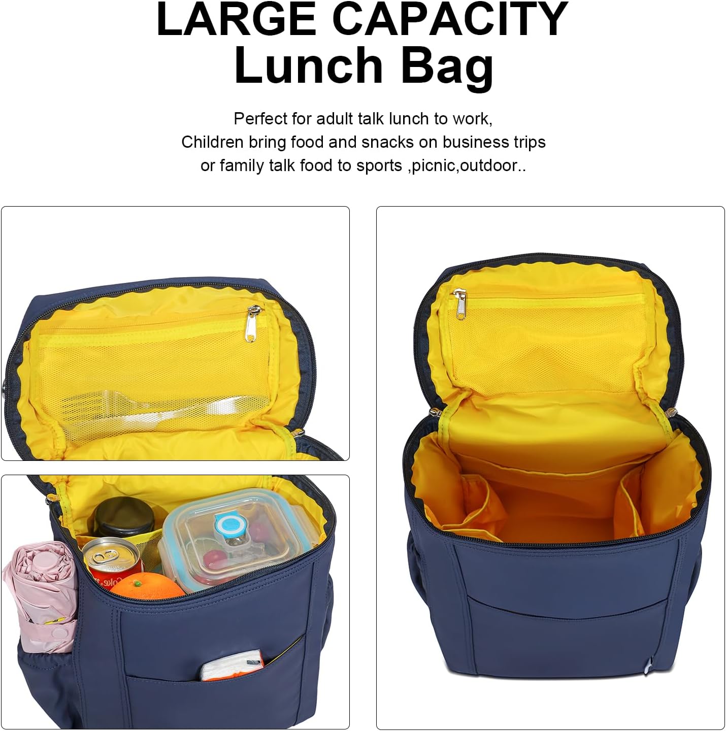 NOL Natural Organic Lifestyle Insulated Lunch Bags for Women Cooler Bag Lightweight Nylon Waterproof Lunch Box For Work (Navy blue, Large)