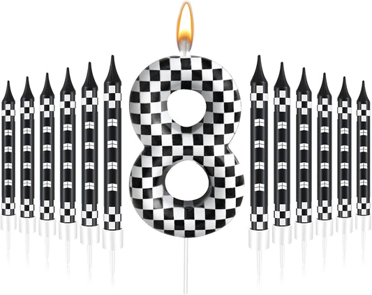 13 Pcs Racing Cars Themed Birthday Candles Black and White Race Number 8 Checkered Candle Cake Topper for Racing Car Party Decoration Supplies (Number 8)