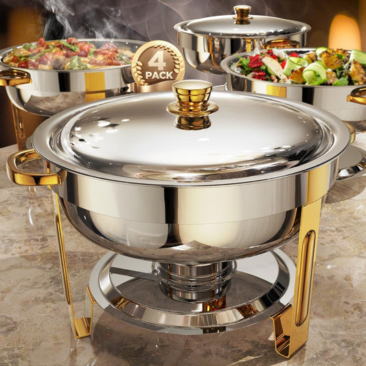 Chafing Dishes for Buffet 4 Pack, 6QT [Worry-Free Assemble] Food Warmers for Parties Buffet [Elegant Gold and Silver Colors] Stainless Steel Round Chafing Dish Buffet Set with Complete Set