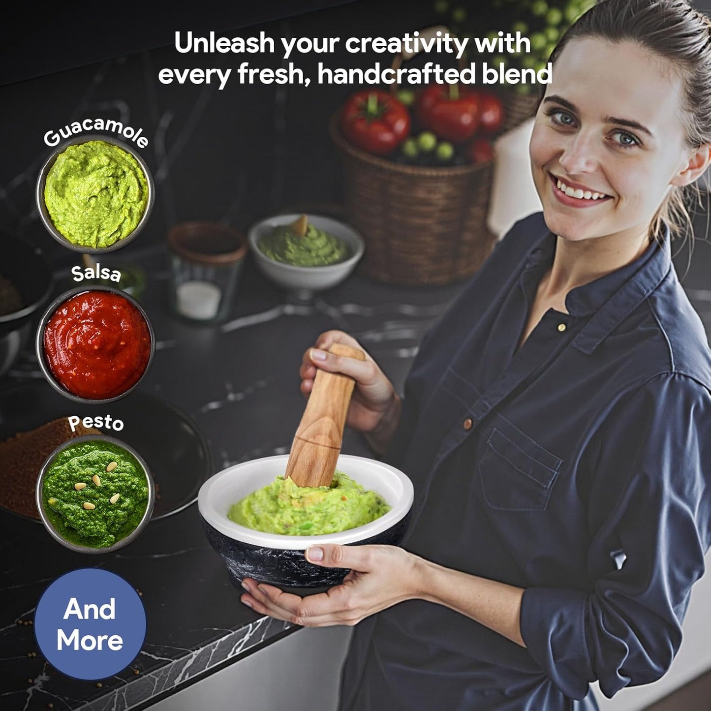 2 Cup Mortar and Pestle Set, World's 1st Lightweight Molcajete Mexicano with Grinding Ridge, High Grinding Efficiency for Guacamole, Spice and Herb, Easy to Clean, Anti-Scratch Protector