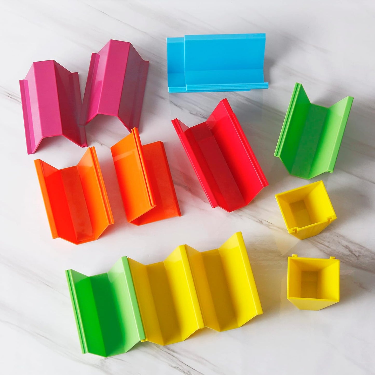 Colorful Taco Holder Stands - Set of 12 with 2 Condiment Dishes,Taco Tray Plates for Taco Bar Gifts & Accessories,Large Plastic Stackble&Convenient Taco Shell Rack,BPA-Free, Dishwasher&Microwave Safe