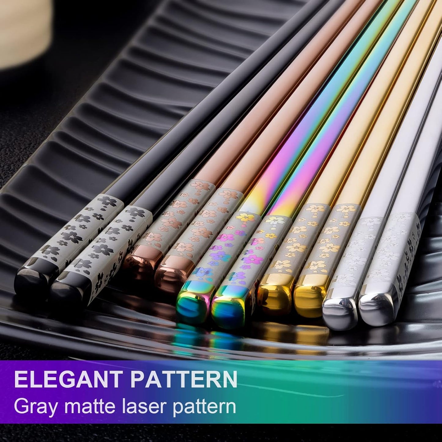 Metal Chopsticks Reusable 5 Pairs Multicolor Stainless Steel Chopsticks Dishwasher Safe Square Lightweight Non-Slip Chop Sticks Present Set