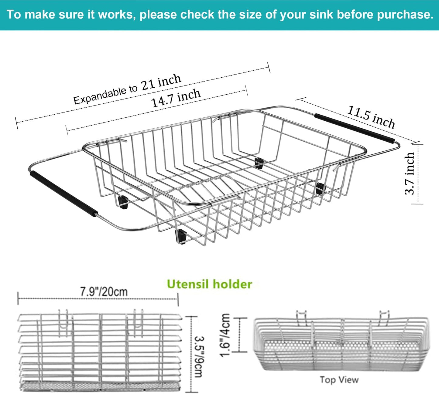 iPEGTOP Expandable Dish Drying Rack Organizer and Utensil Cutlery Holder, 304 Stainless Steel Over Sink Dish Rack, Dish Drainer in Sink or On Counter, Rustproof