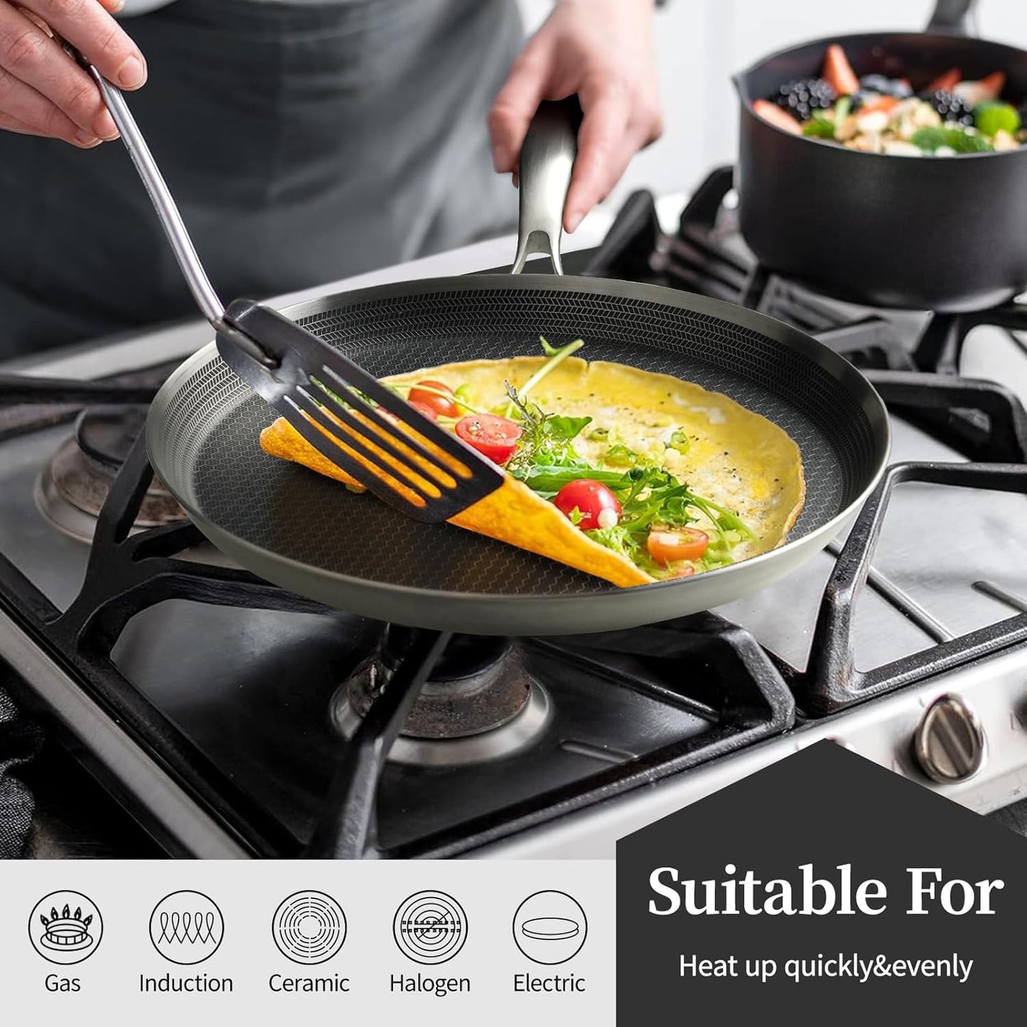 Stainless Steel Crepe Pan - 10 Inch Nonstick Crepe Pan, Stainless Steel Honeycomb Coating Pancake Pan, Non Stick Flat Skillet Tawa Dosa Tortilla Griddle Pan, Induction Compatible, PFOA Free