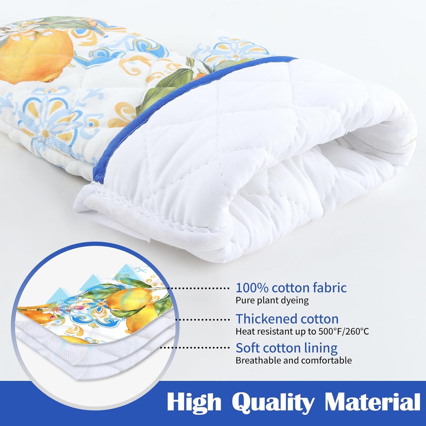 Summer Lemon Oven Mitts and Pot Holders Sets 4Pcs, 100% Cotton Heat Resistant, Extra Long Oven Gloves Potholder for Kitchen Cooking Baking Decoration