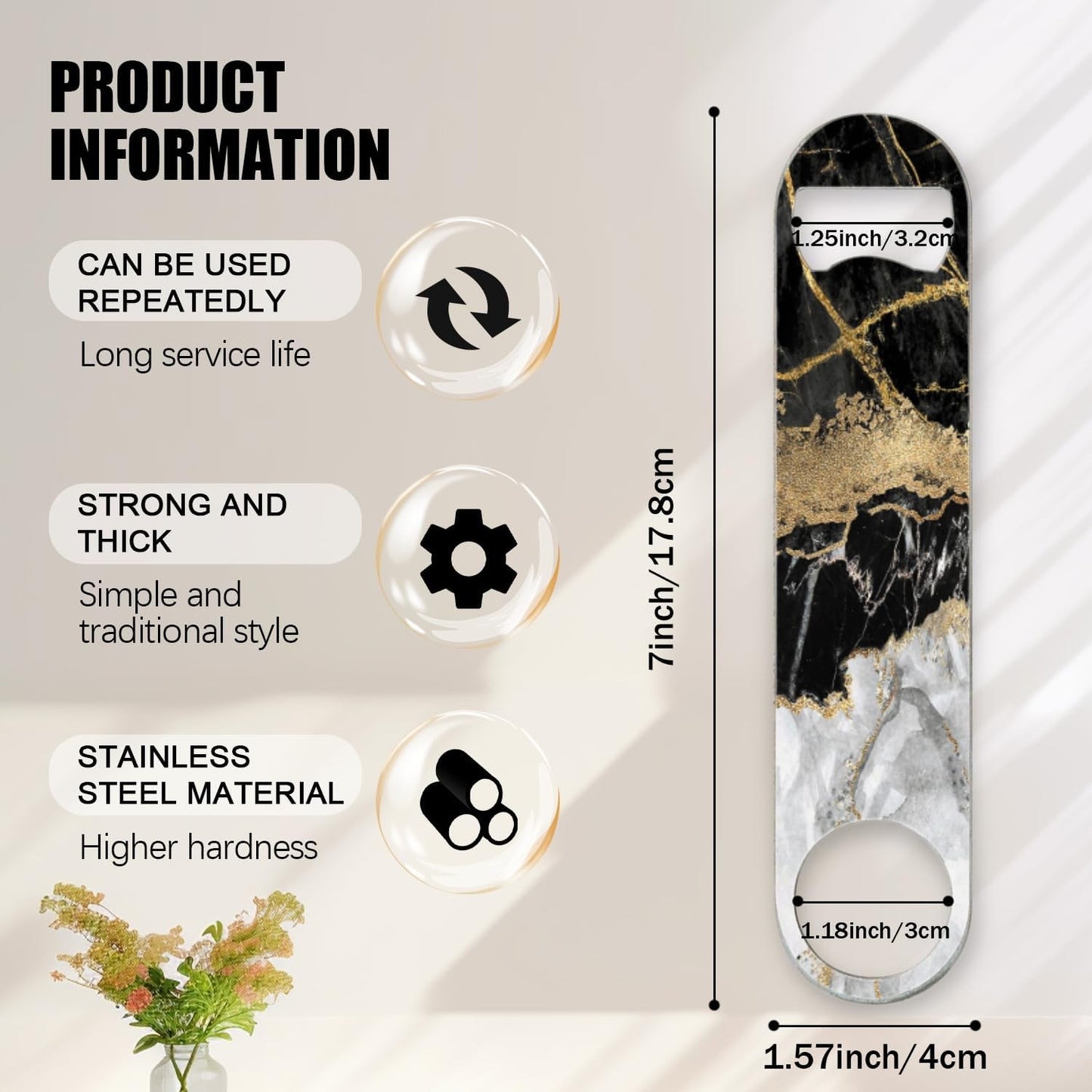 2 PACK Beer Bottle Opener, Stainless Steel Flat Bottle Openers,7 inch Metal Decor,Black And Golden Marble