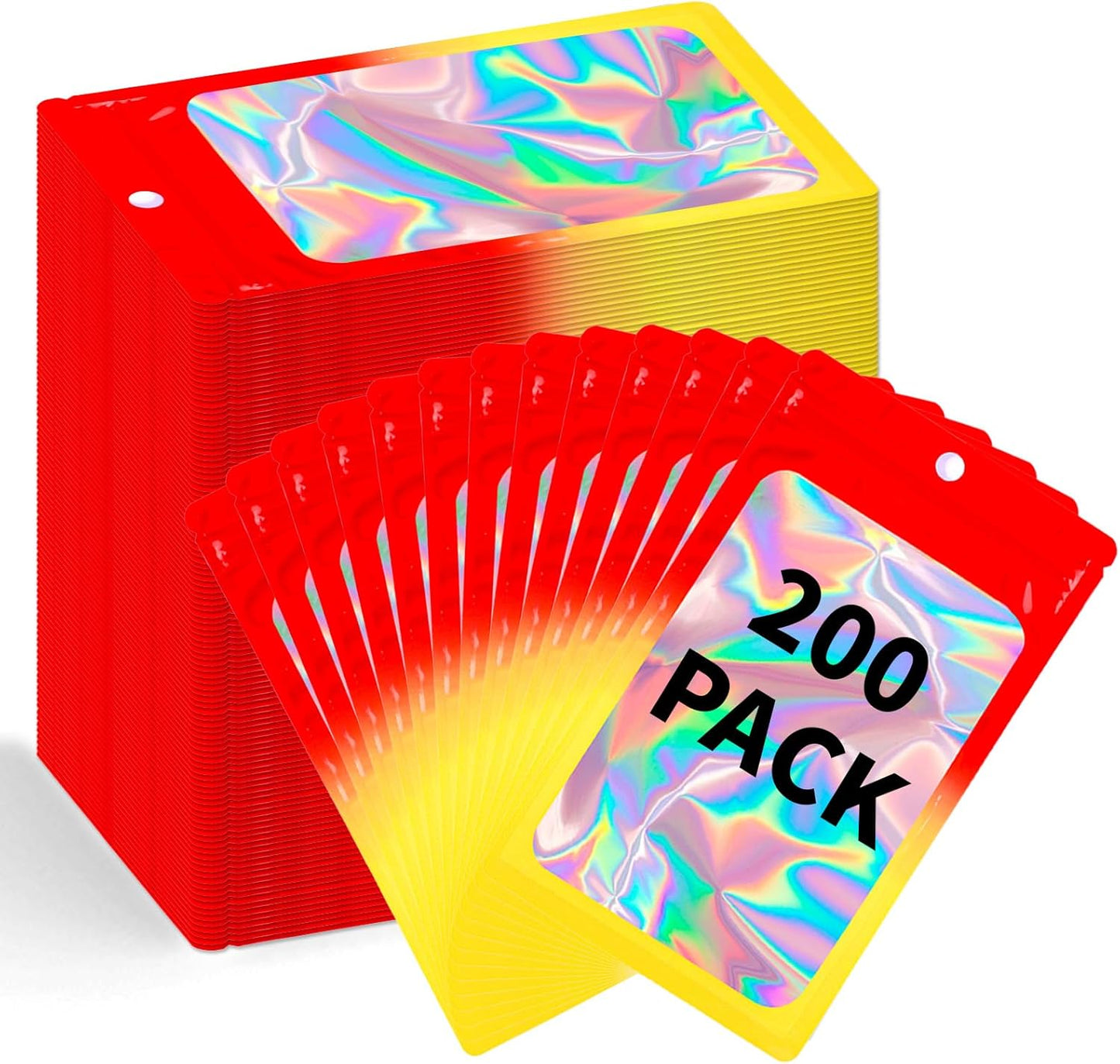 200 Pack Resealable Mylar Holographic Bags Food Storage Smell Proof Bags with Front Window Foil Packaging Pouch for Candy Sample Jewelry Small Business 4.72×7.87 Inch, Red Fade Yellow