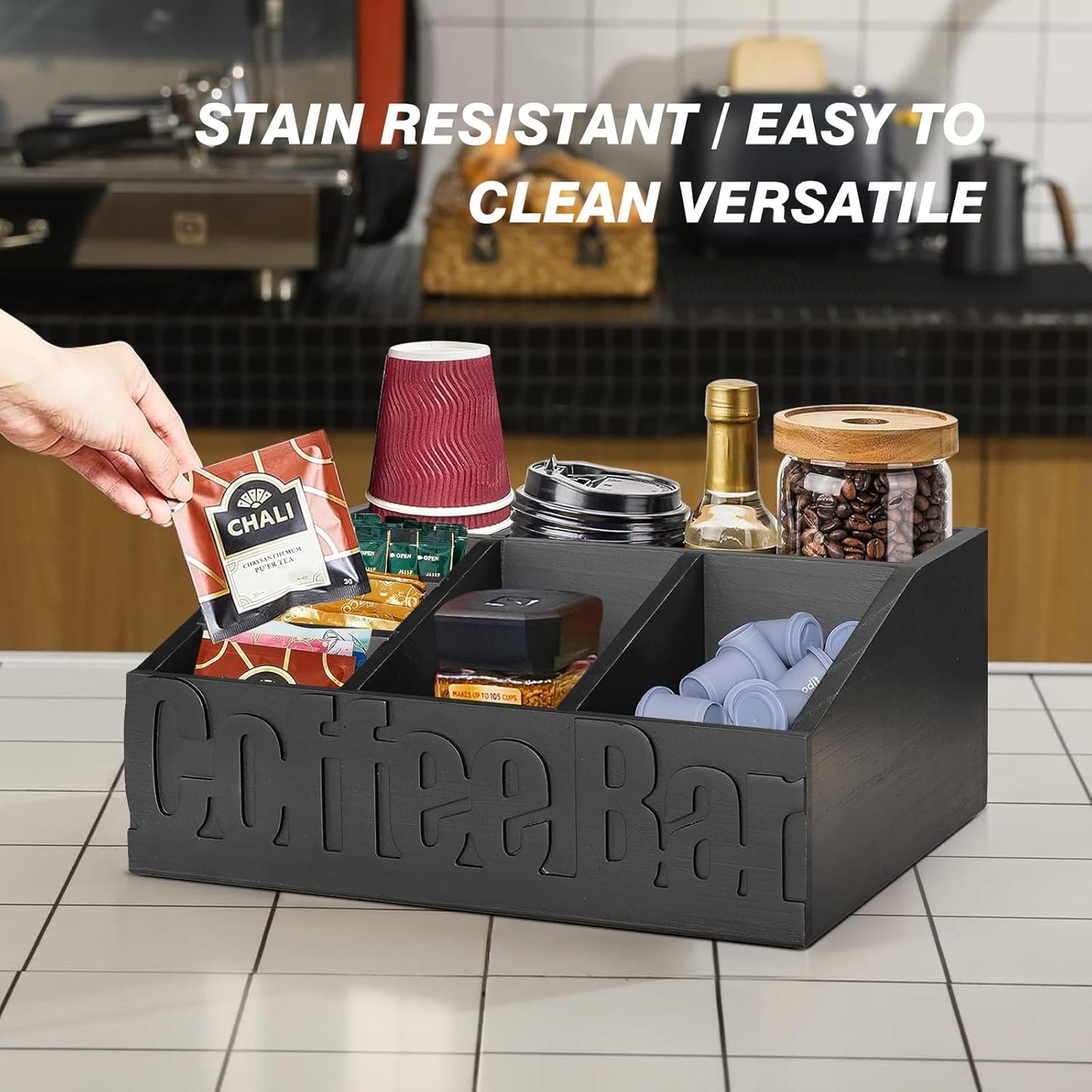 Coffee Bar Organizer for Accessories, Wood Station for Countertop, Farmhouse Pod Syrup Holder, Condiment Organizer for Decor (Black)