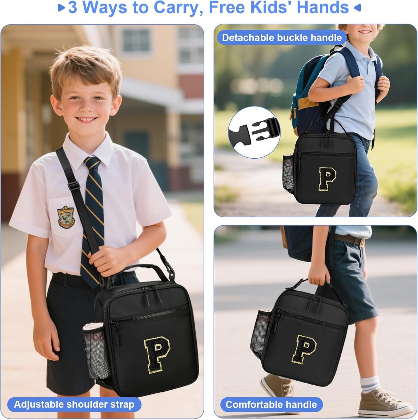 Initial Insulated Lunch Bag for Boys Kids, Back to School Gift, Reusable Leak-proof Lunch Box with Adjustable Strap for School Daycare Travel Picnic（Black，P）