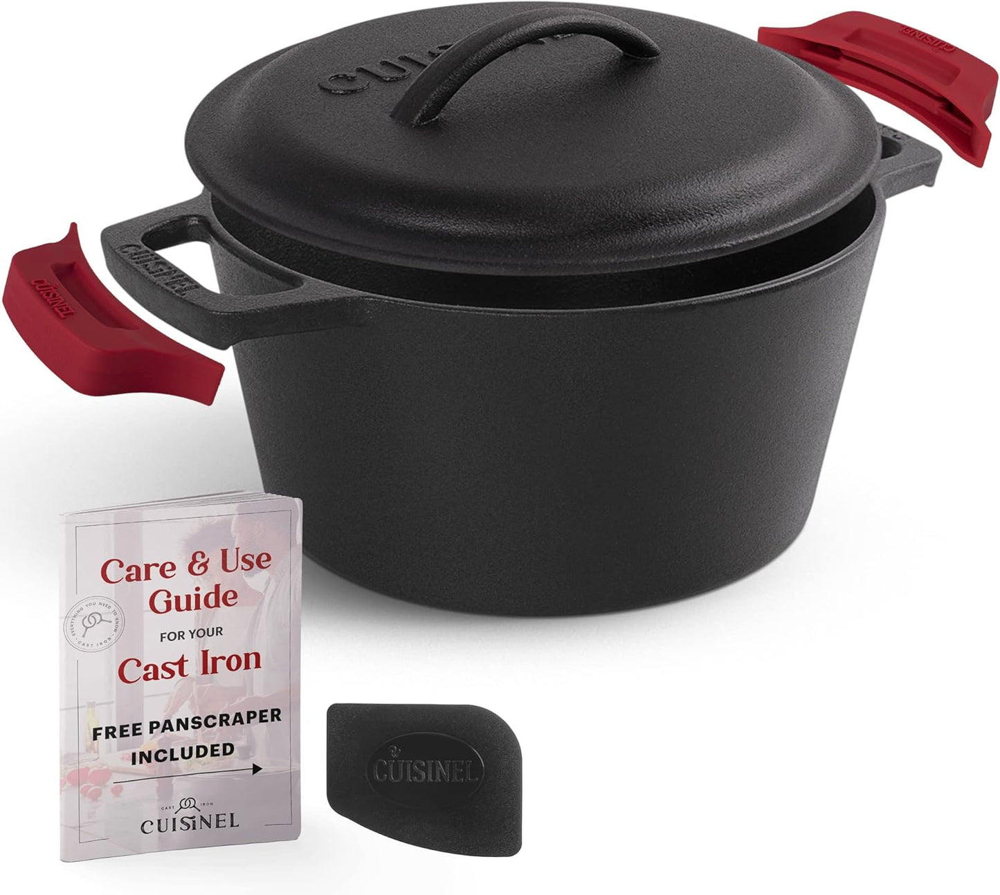 Cuisinel Cast Iron Dutch Oven - 3-Quart Deep Pot + Lid + Pan Scraper + Handle Covers - Large Pre-Seasoned Cooker for Baking Bread, Soup, Frying - Indoor/Outdoor Kitchen, Camping, Fire, BBQ Cookware