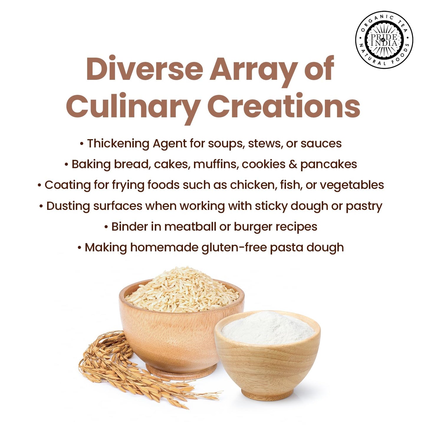 Pride of India- Brown Rice Flour 1 lbs (454 gm) Slightly Nutty Earthy Taste Milled in Small Batches | Ideal for Cakes Soups Noodles Dumplings Pastries Fritters | Vegan, Gluten-Free