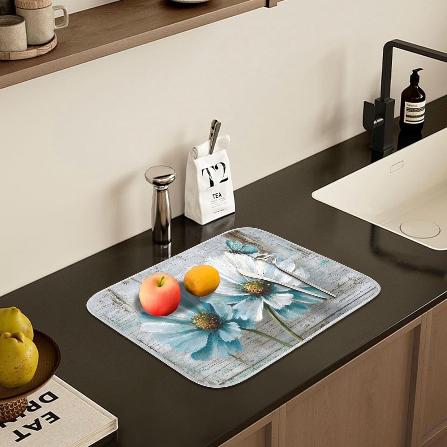 Rustic Teal White Daisy on Vintage Wooden Dish Drying Mat for Kitchen Counter Absorbent Microfiber Large Drying Pad Dish mats for Kitchen Countertops 18 x 24 Inch