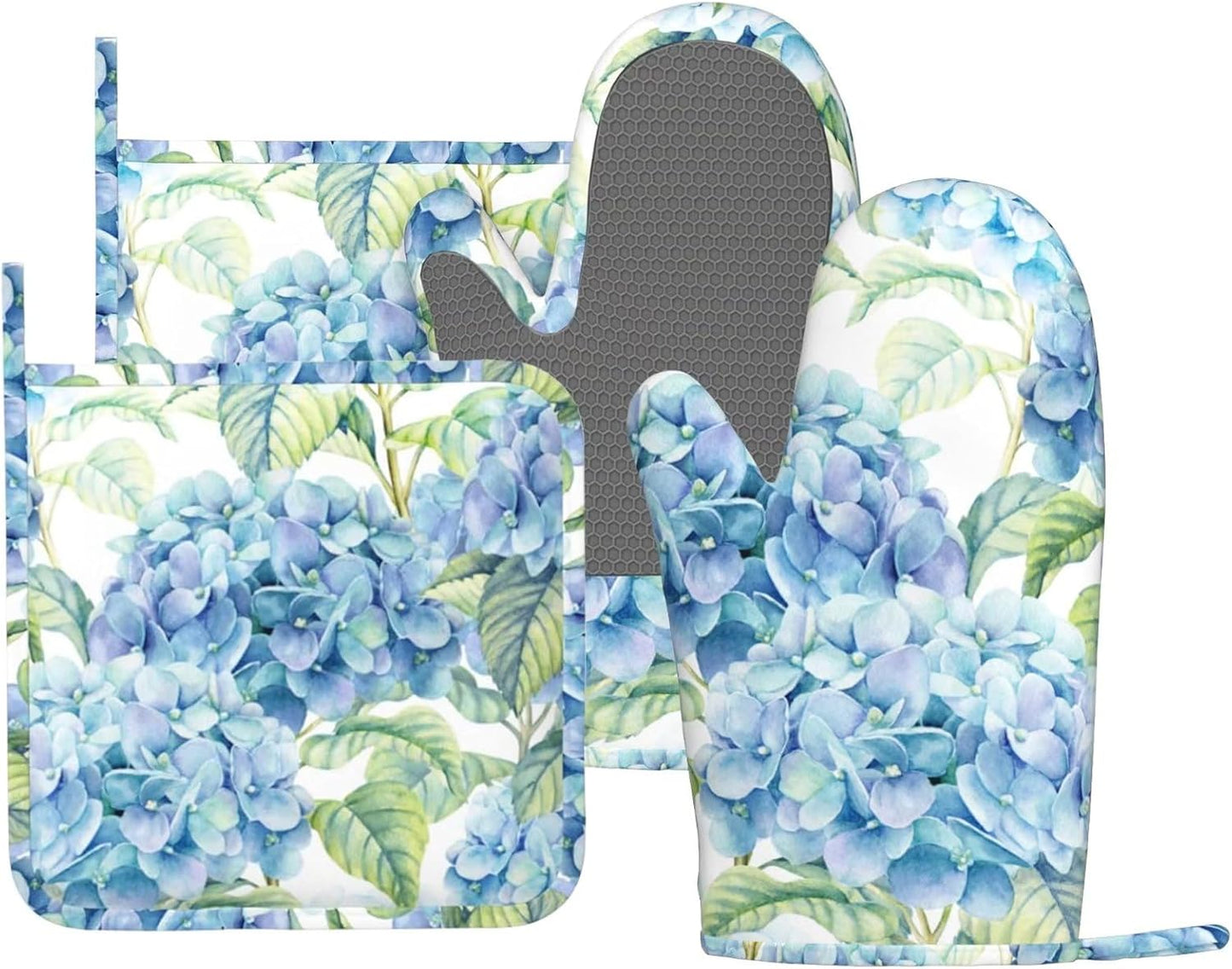Blue Hydrangea Flowers Watercolor Oven Mitts Pot Holders Set Silicone Kitchen Oven Mitts Heat Resistant Potholders Non-Slip 4pcs Hot Pads and Oven Gloves Sets for Baking,Cooking,BBQ,Grilling