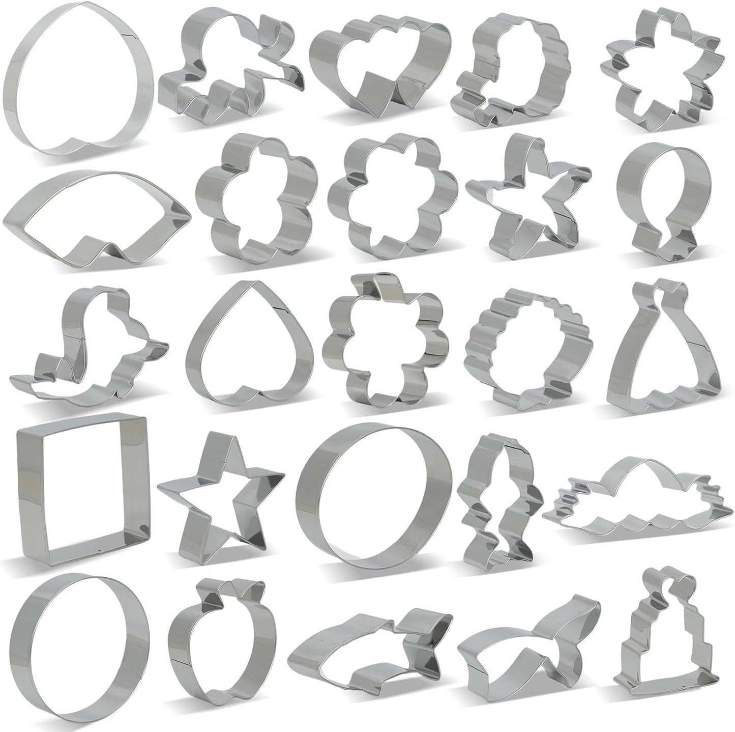 Metal Cookie Cutter 25-Piece set,Valentine's Day,Ocean,Flowers and Everyday Shapes Cookie Cutters Set,Dough Cutter,Stainless Steel and Piping Bag