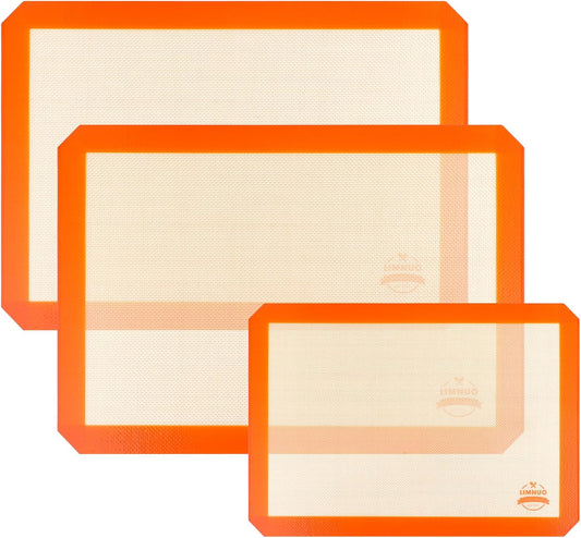 Silicone Baking Mat, Set of 3 Reusable Non-Stick Food Safe Baking Sheets for Cookies,for Making Cookies, Macaroons, Bread (Orange)