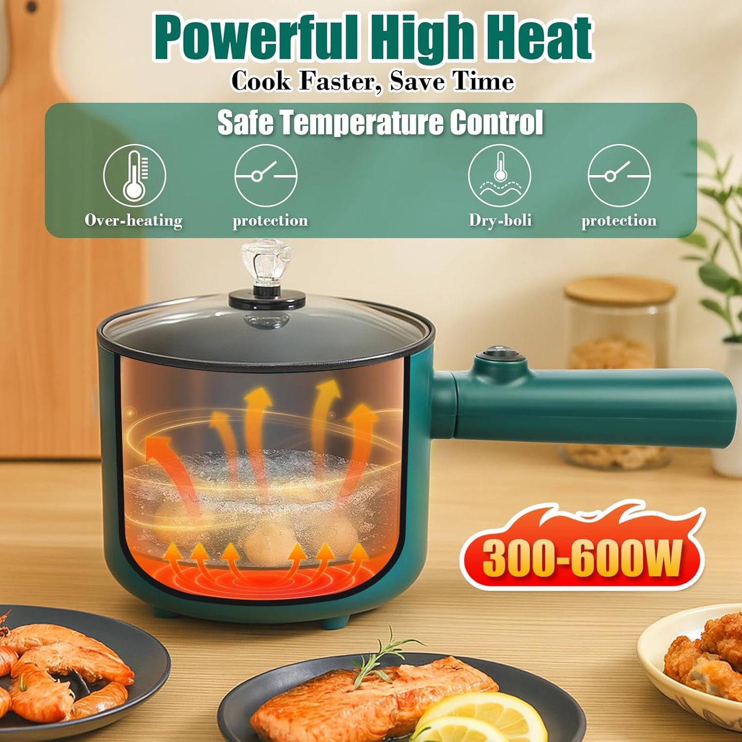 Hot Pot Electric, 1.8L Ramen Cooker, Portable Cooker, Non-Stick Frying Pan, Electric Pot for Pasta, Egg, Steak, Over-Heating Protection, Dual Power Control, Suit Dorm Room, Travel,RV,Hotel