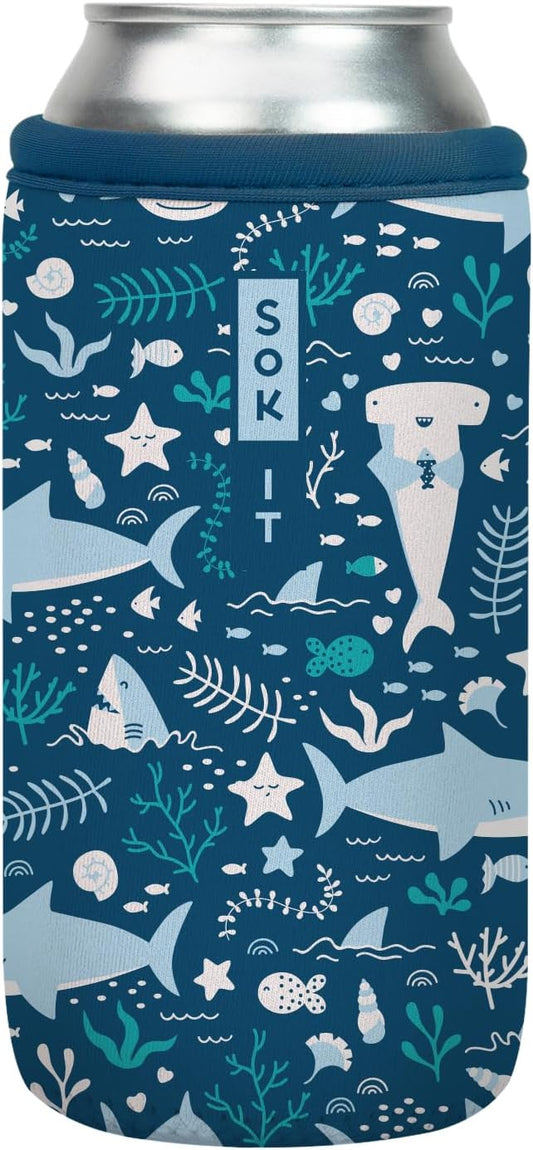 Sok It CanSok Sleeve for Beer & Soda Insulated Neoprene Cover (Happy Sharks, 16oz Can Sleeve)