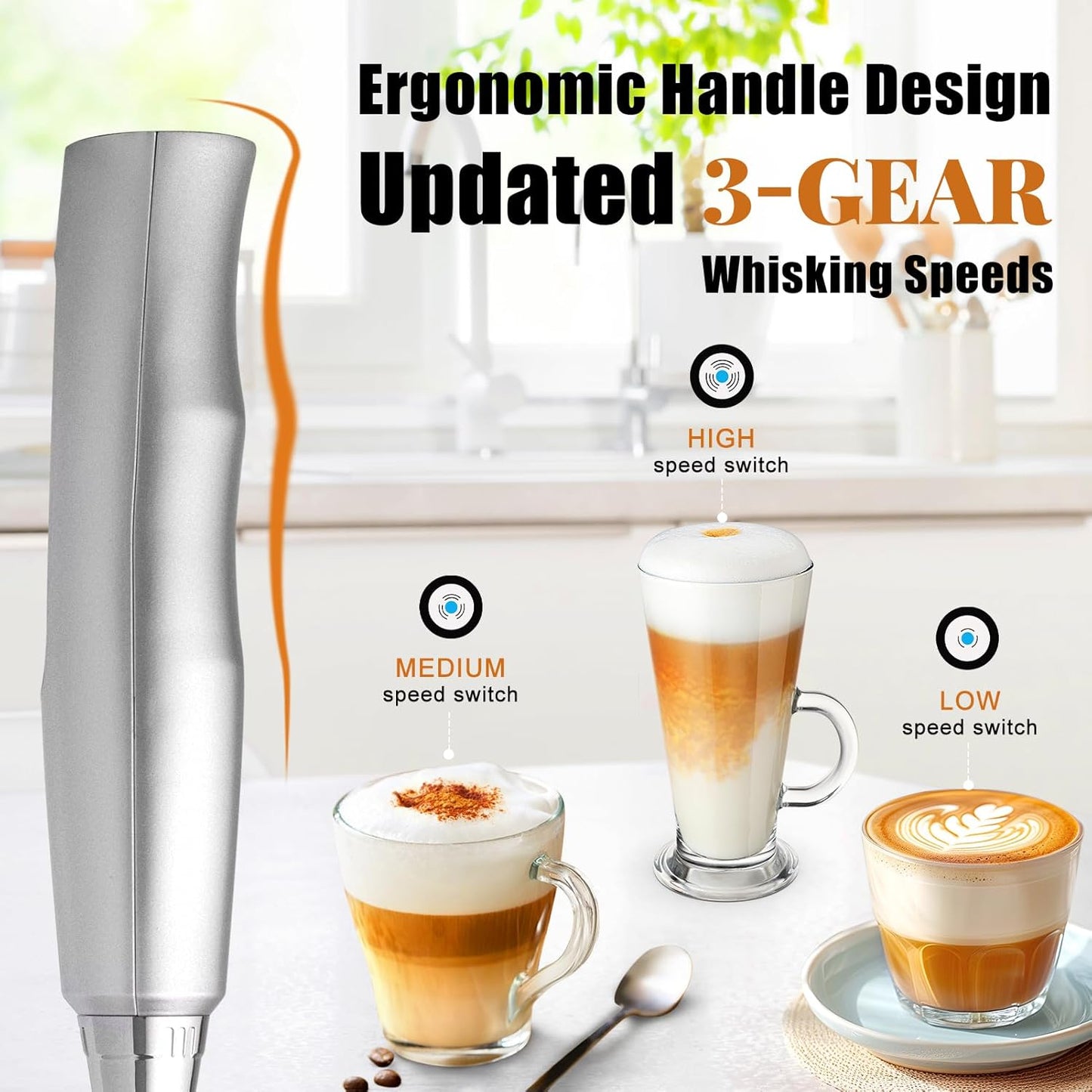 Nahida Silver Milk Frother Wand for Coffee, Frother Handheld Rechargeable Electric Whisk with 3 Heads 3 Speeds Drink Mixer Coffee Frother Foam Maker For Latte, Cappuccino, Hot Chocolate, Egg