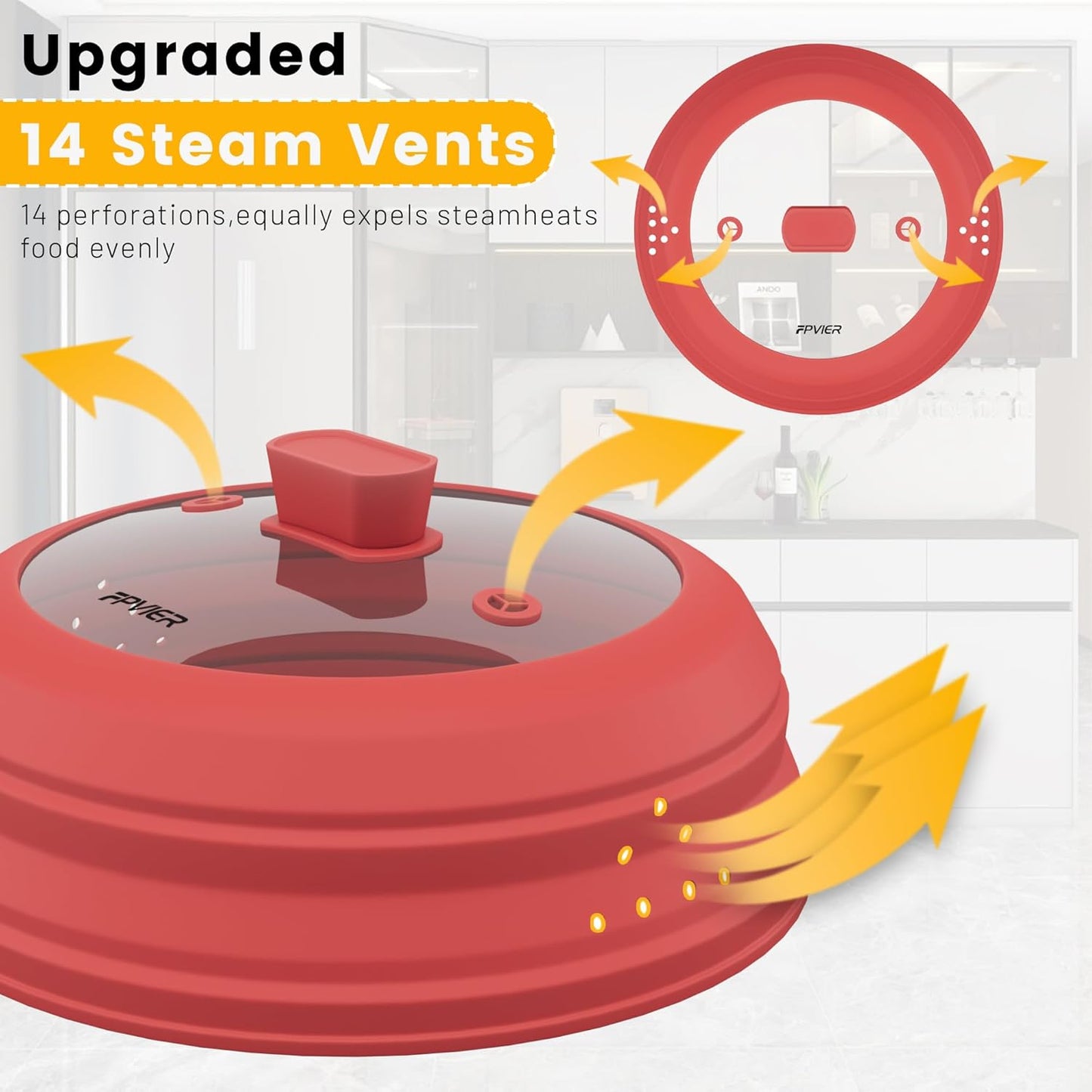 Microwave Splatter Cover, Vented Silicone and Glass Cover Splatter Guard Lid, Food Collapsible Plate Cover Lid with Easy Grip Handle. (Red, 11.8 inch)