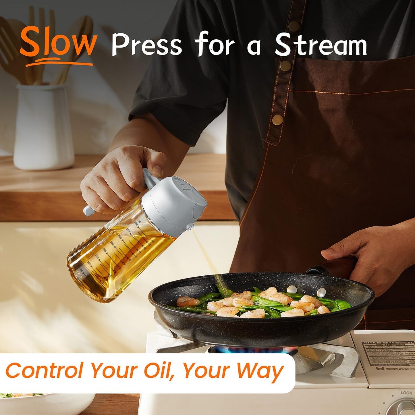 TrendPlain 16oz/470ml Glass Olive Oil Sprayer for Cooking – 2 in 1 Olive Oil Dispenser Bottle for Kitchen Gadgets and Air Fryer Accessories, Salad, BBQ - Ash