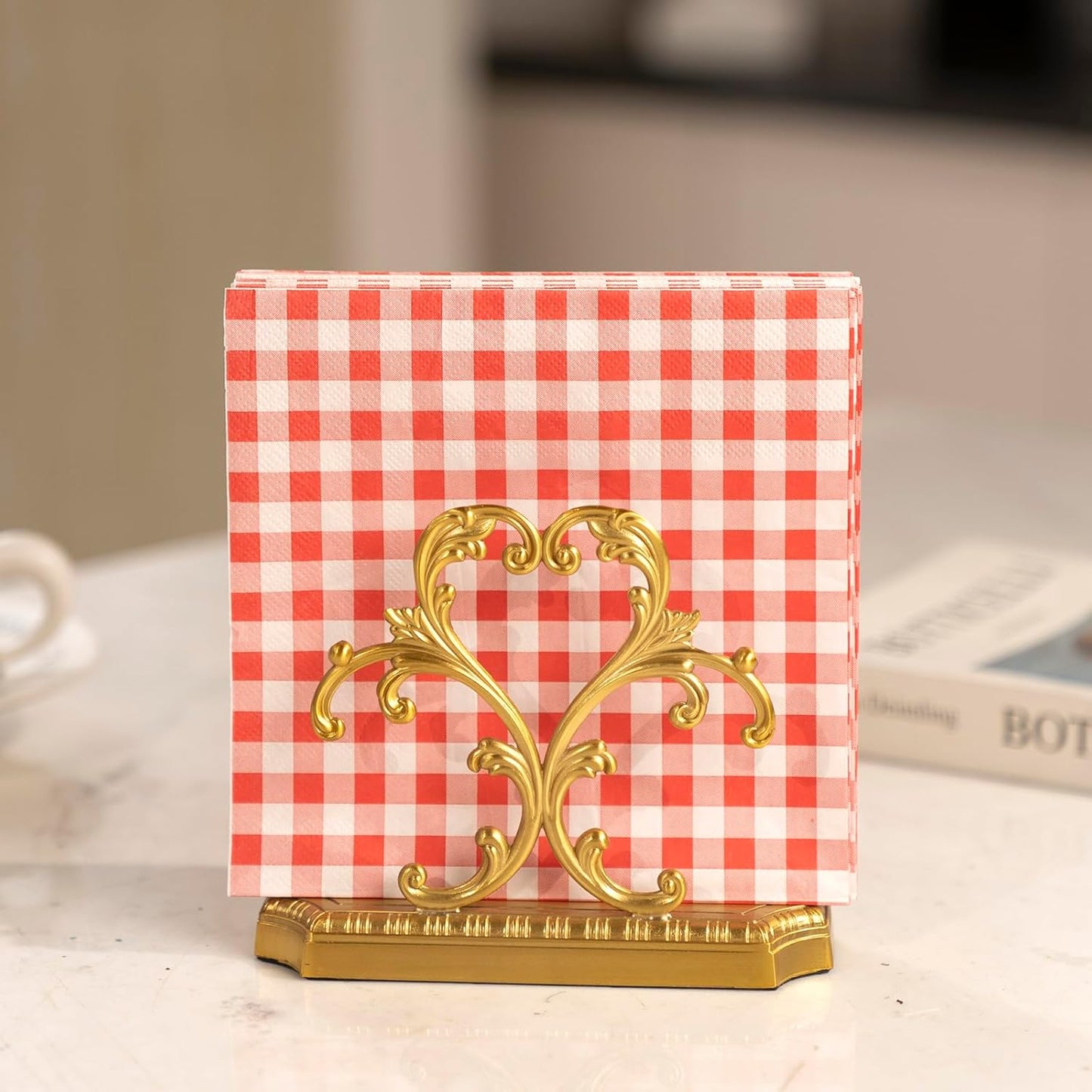 1 Gold Napkin Holder and 50 pieces of red and white paper napkins in classic gingham checkered design,Brass Napkin Holder,Modern Dining Table Decor