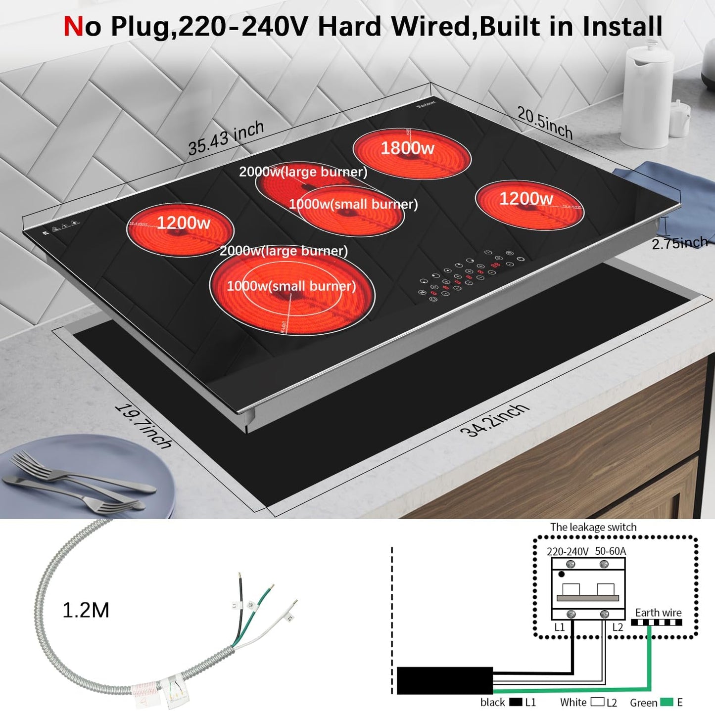 Karinear Electric Cooktop 36 Inch, 5 Burners Electric Stove Top, Built-in Glass Radiant Electric Ceramic Cooktop, Expandable Zones, Lock, Timer, Pause, Metal Edged Protection, 8400W 220~240v Hardwired