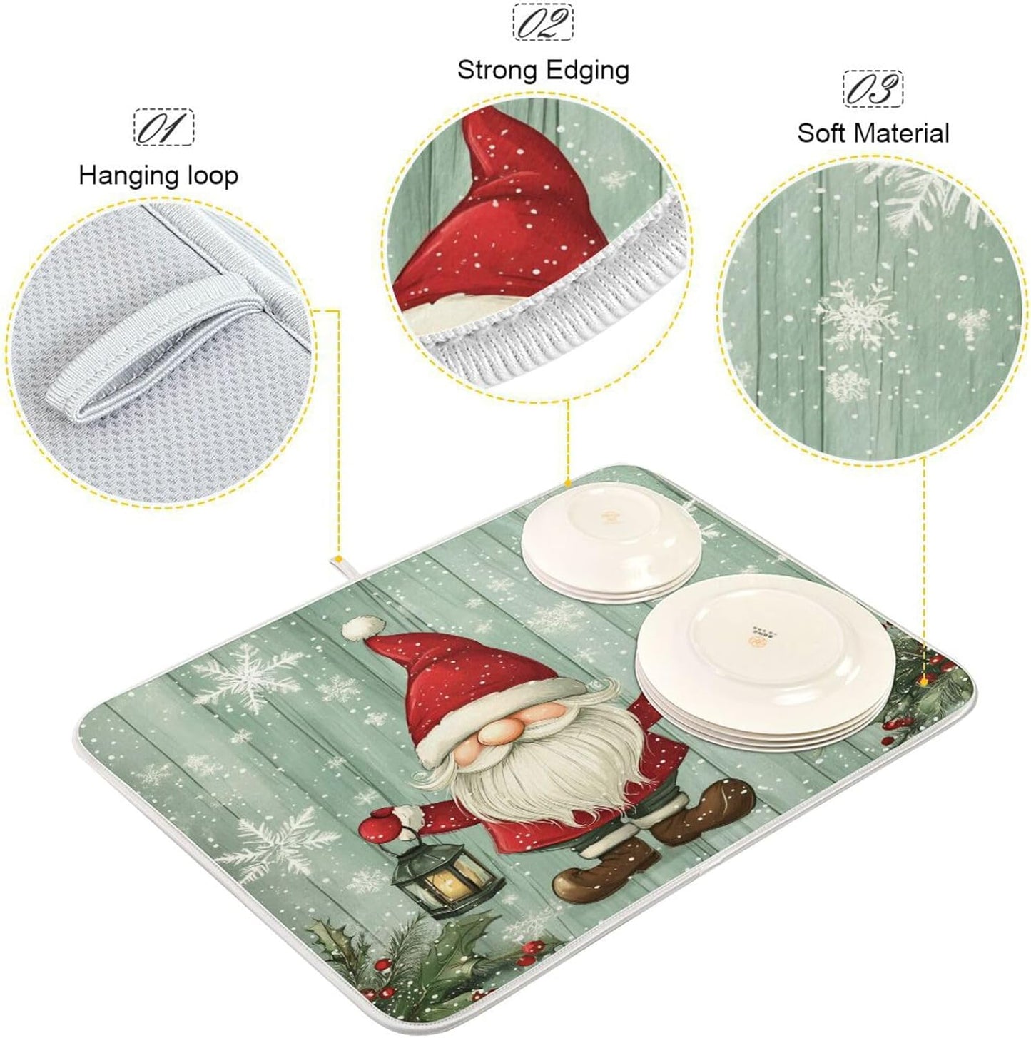 Christmas Gnome with Lantern Dish Drying Mat for Kitchen Counter Absorbent Microfiber Drying Pad, Large 18x24 in, Reversible Drainer Mats