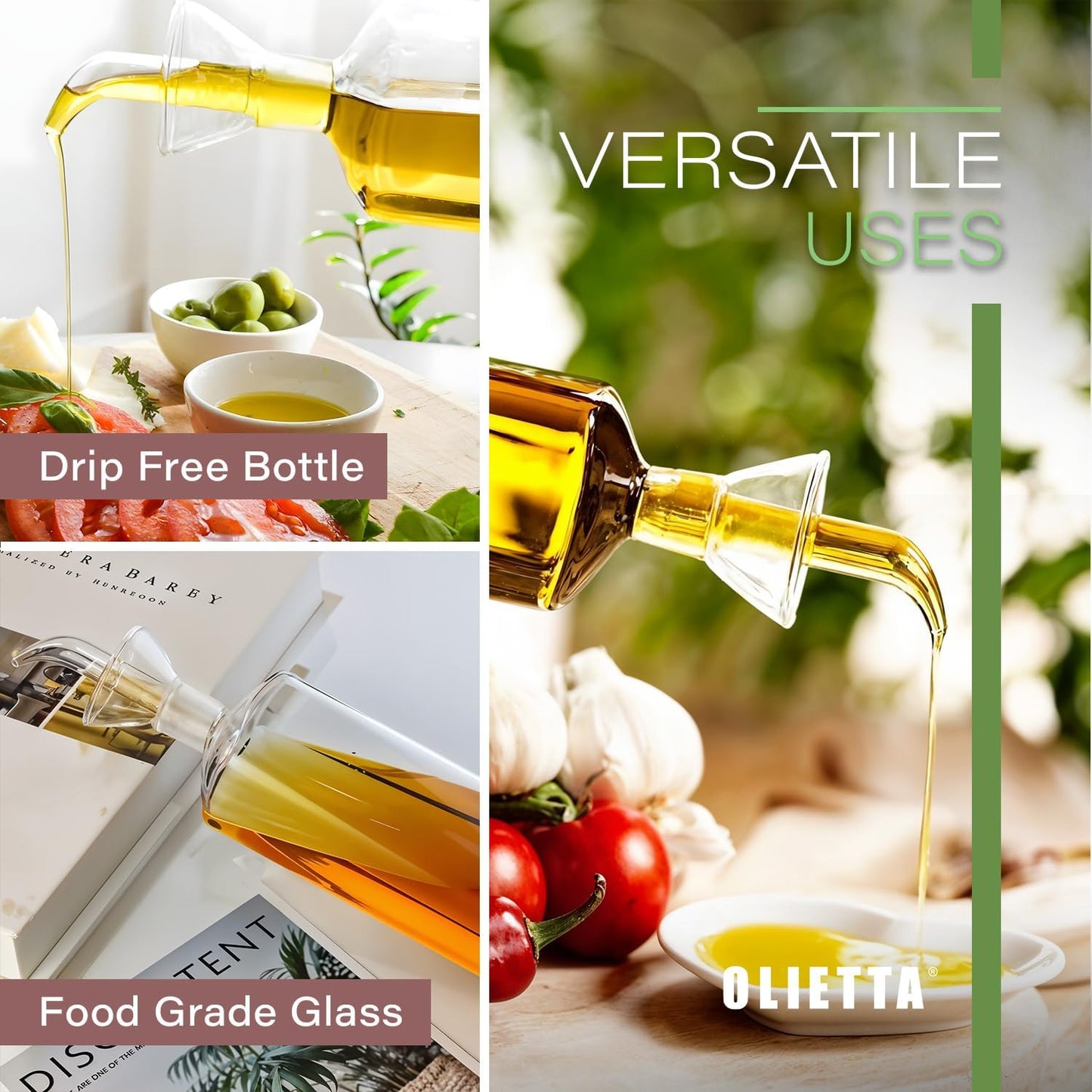 Olive Oil Dispenser Bottle Olietta Borosilicate Glass - 8.5 oz 250ml Non Drip Dispenser - Leak Proof Pourer Vinegar Drizzler Cruet - Easy Clean Drip Free Bottles for Kitchen