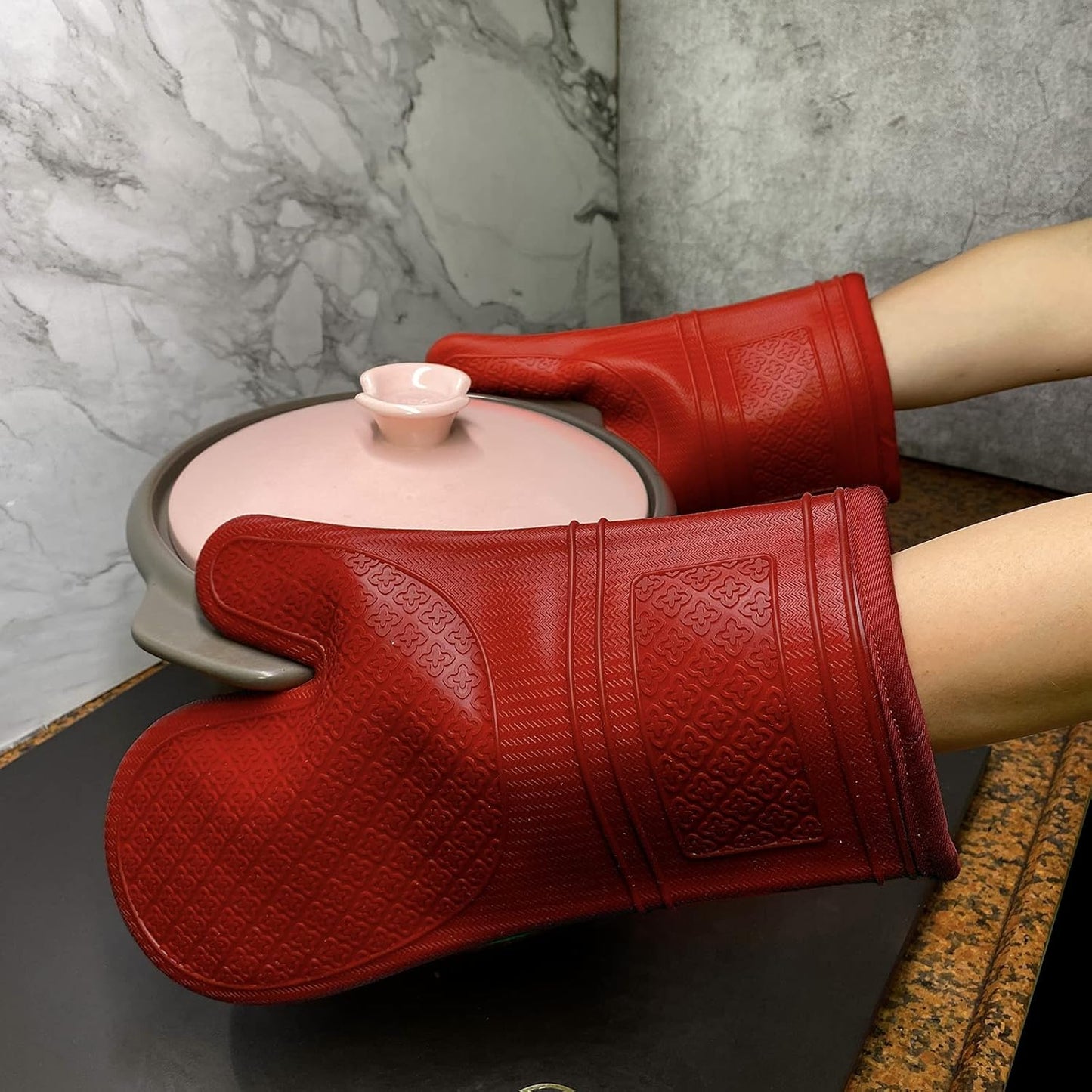 Yutat Silicone Oven Mitts, Oven Gloves with Non-Slip Silicone, 600 Degree Heat Resistant, Soft Cotton Lining, Waterproof and BAP-Free, Oven Mitts for Cooking and Baking - 1 Pair 12 Inch Red