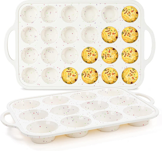 FUNBAKY Silicone Cupcake Pan, Metal Reinforcement Regular Size 12 Cups & Mini 24 Cups Nonstick Easy to Demold Baking Mold for Making Homemade Muffins