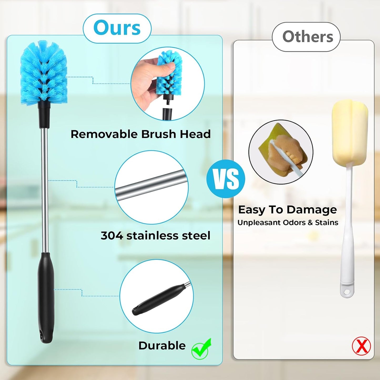 2-in-1 Stainless Steel Long Handled Water Bottle Brush, Multi-Purpose Bottle Scrubbing Brush, Soft Bottle Brush, Glassware Brush, Water Bottle Cleaner with Removable and Replaceable Brush Heads 15 in