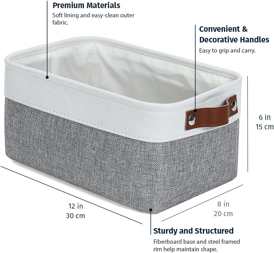 OrganiHaus Small Fabric Storage Bins for Shelves 6 Pack, 12x8in Closet Storage Bins for Shelves, Cloth Baskets for Organizing, Linen Closet Organizers, Fabric Basket, Gray/White