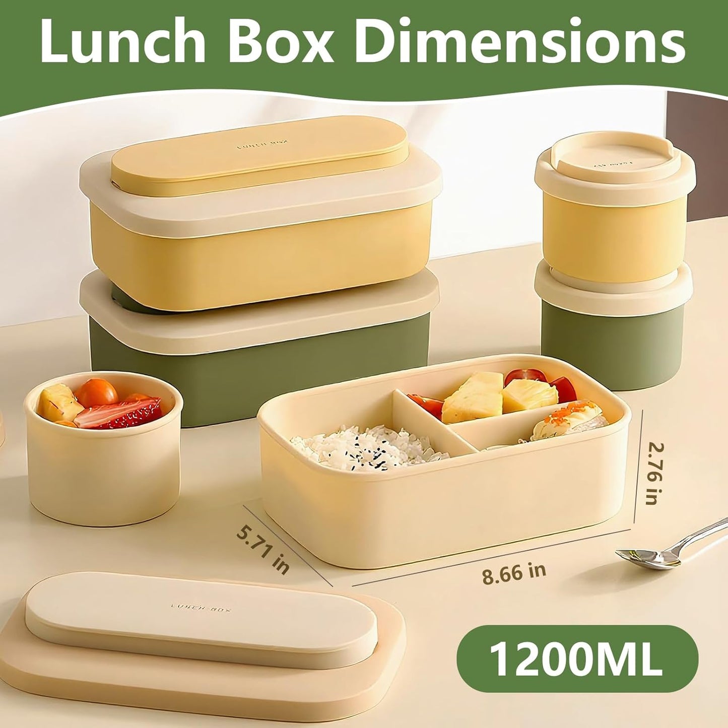 Silicone Bento Box Lunch Box for Adults, Lunch Food Container with 3 Compartment, BPA-Free and Leakproof, Microwave & Dishwasher Safe (Green)