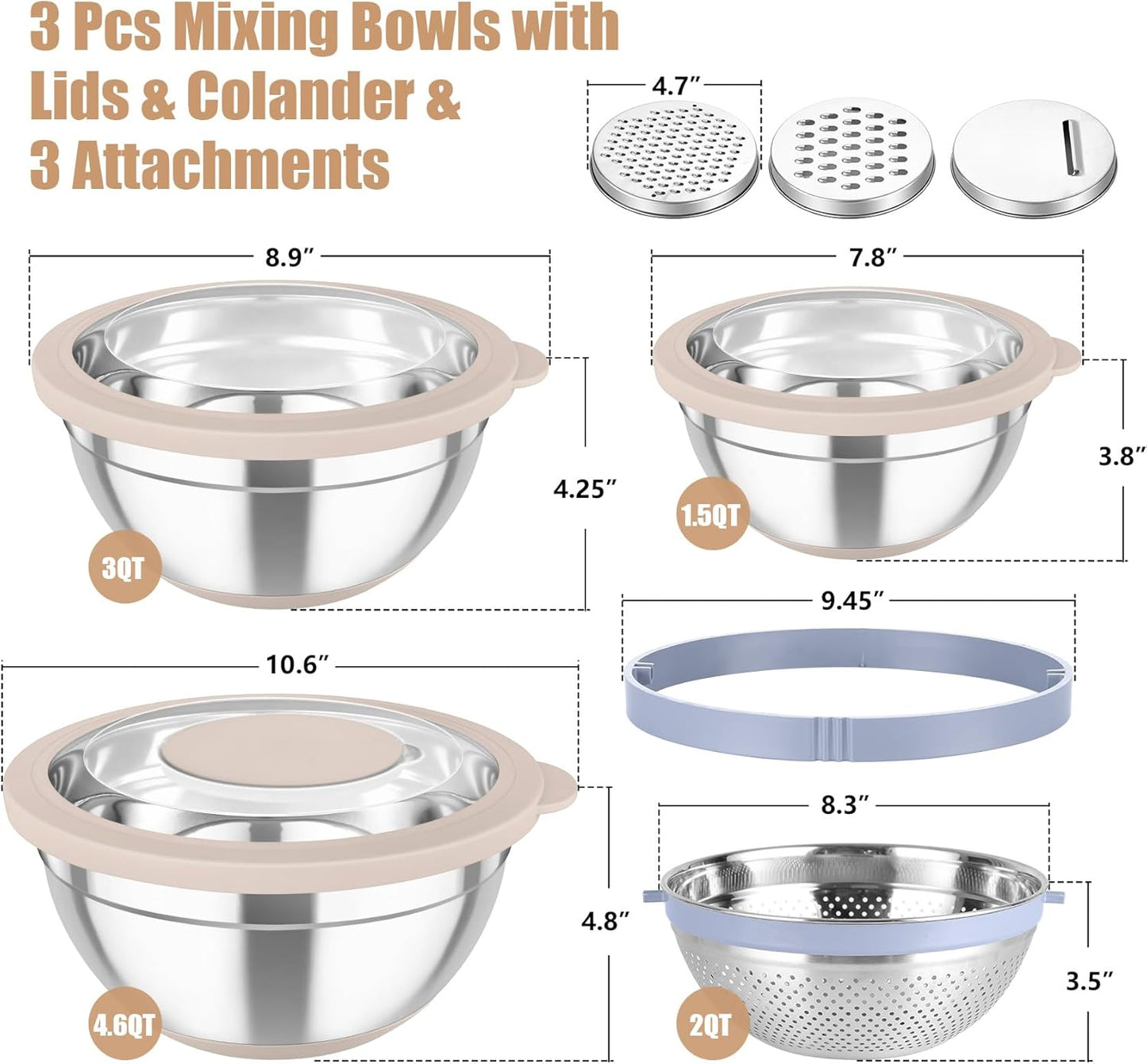 TeamFar Mixing Bowls with Colander Set, Stainless Steel Strainer and Nesting Salad Bowls, with Lids & 3 Graters, Non-Slip Bottom & Visible Lid, Rotatable & Dishwasher Safe, 4.6/3/1.5 QT, Khaki