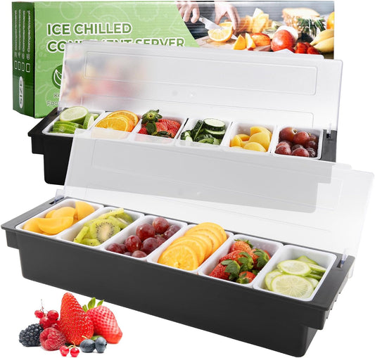 WICHEMI Fruit, Veggie & Condiment Caddy with Lid Dispenser Tray Garnish Station for Bartending & Serving Taco, Ice Cream, Salad Bar - Topping Organizer for Restaurant Supplies (6 Compartment, 2 Pack)