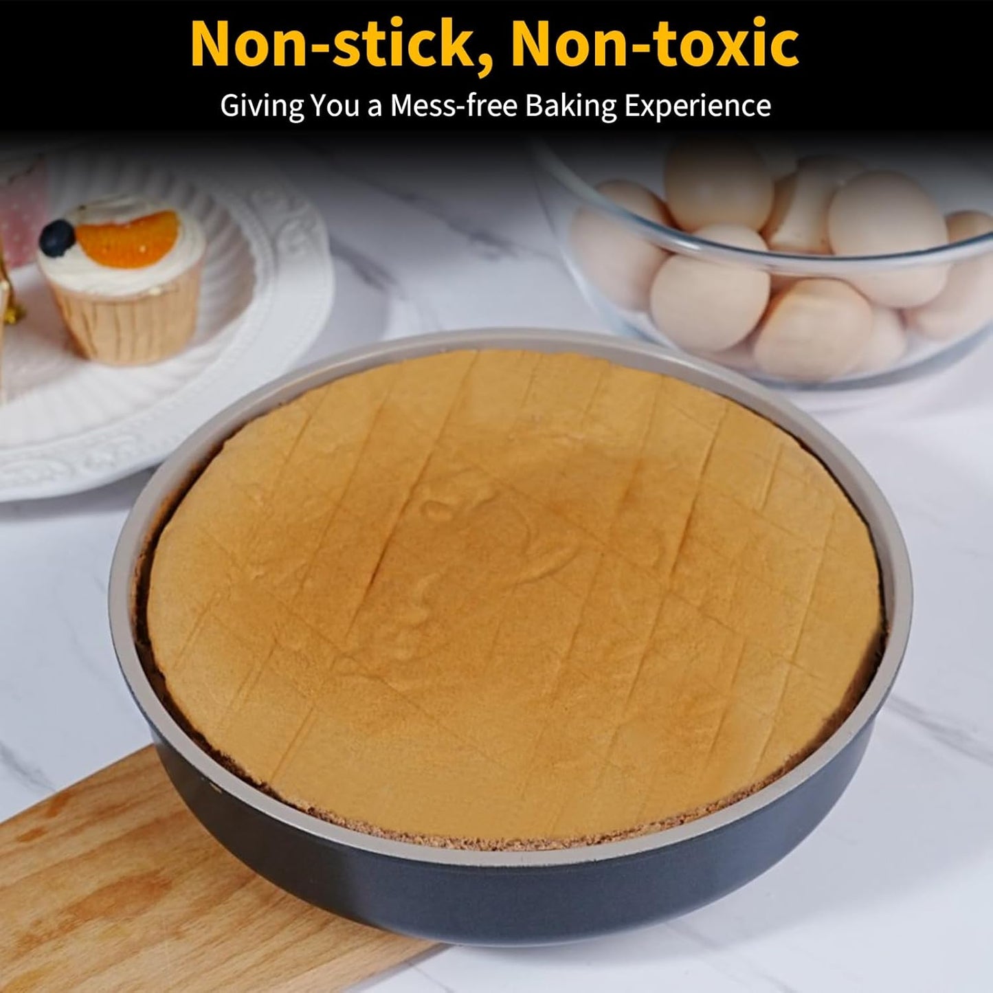 9.5 Inch Round Cake Pan Set of 2,Cast Aluminum Bakeware Ceramic Nonstick Oven and Dishwasher Safe(Black)