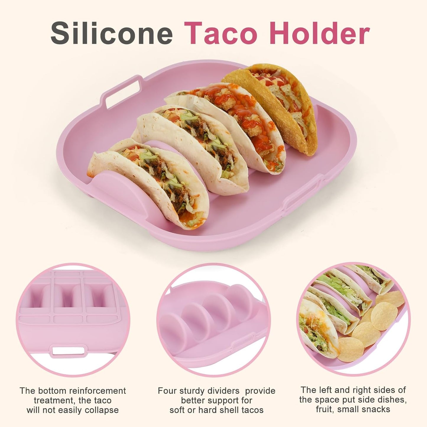 Silicone Taco Holder 2 Pack,10.2in Upgrade Reusable Taco Plates with Dividers,Fiesta Tacos Holder Tray.Taco Serving Plates, Dishwasher & Microwave Safe(2, WHITE+PINK)