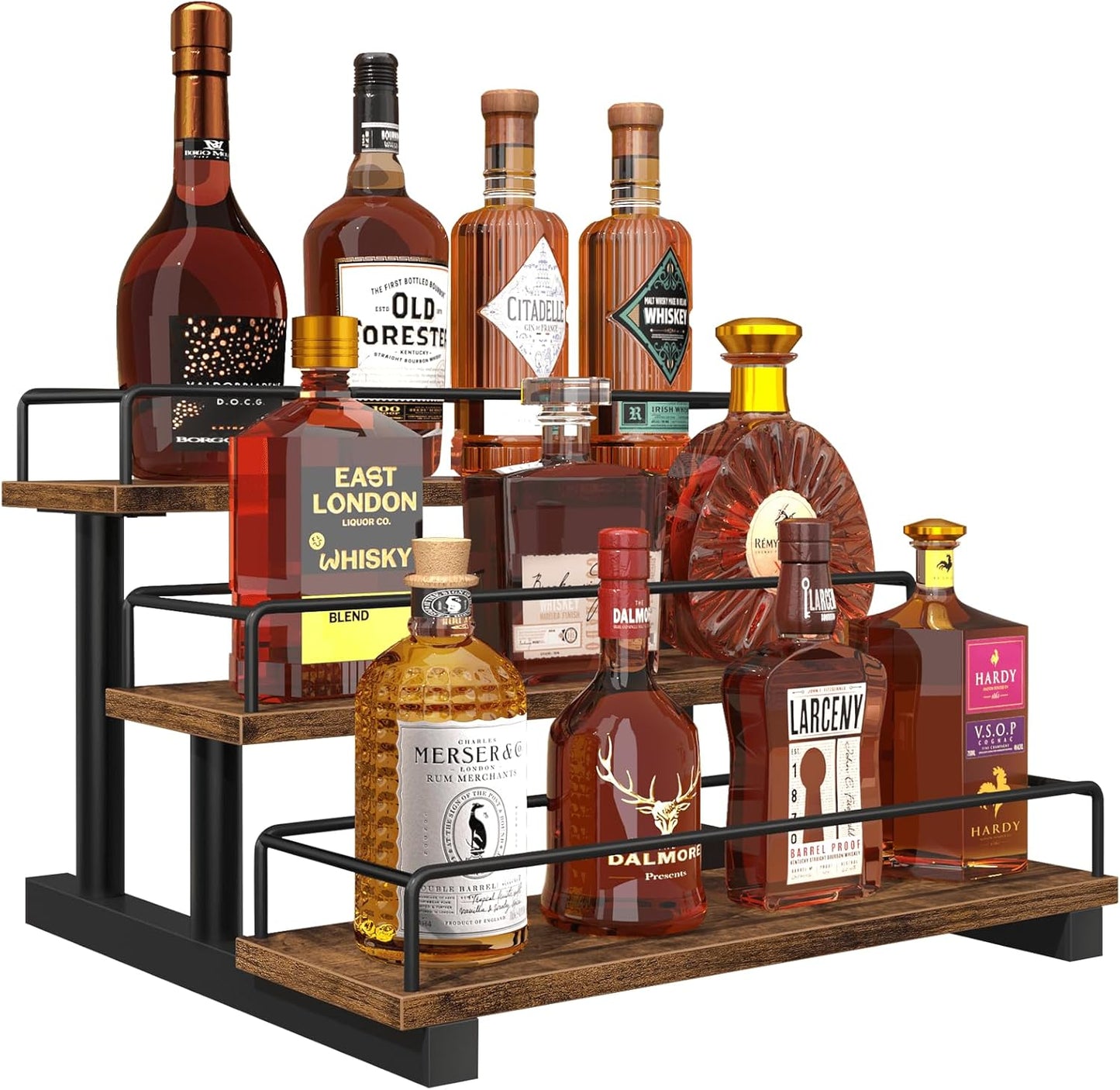 Homode Liquor Bottle Display Shelf, Coffee Syrup Rack Organizer, 3 Tier Wine Rack Countertop, Home Retro Bar Shelf Stand Holder for Liquor Whiskey Spirits, Mini Bar, Liquor Cabinet, Rustic Brown