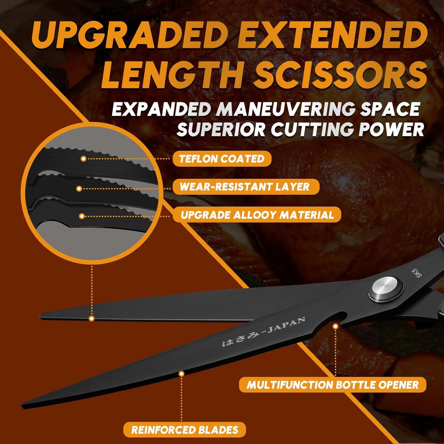 HUUSK Kitchen Scissors Set Black - Upgraded Stainless Steel Kitchen Shear, Sharp Meat Scissors, Heavy Duty Poultry Shears, Japanese Cooking Scissor for Food, Chicken Bones, and Turkey, Dishwasher Safe