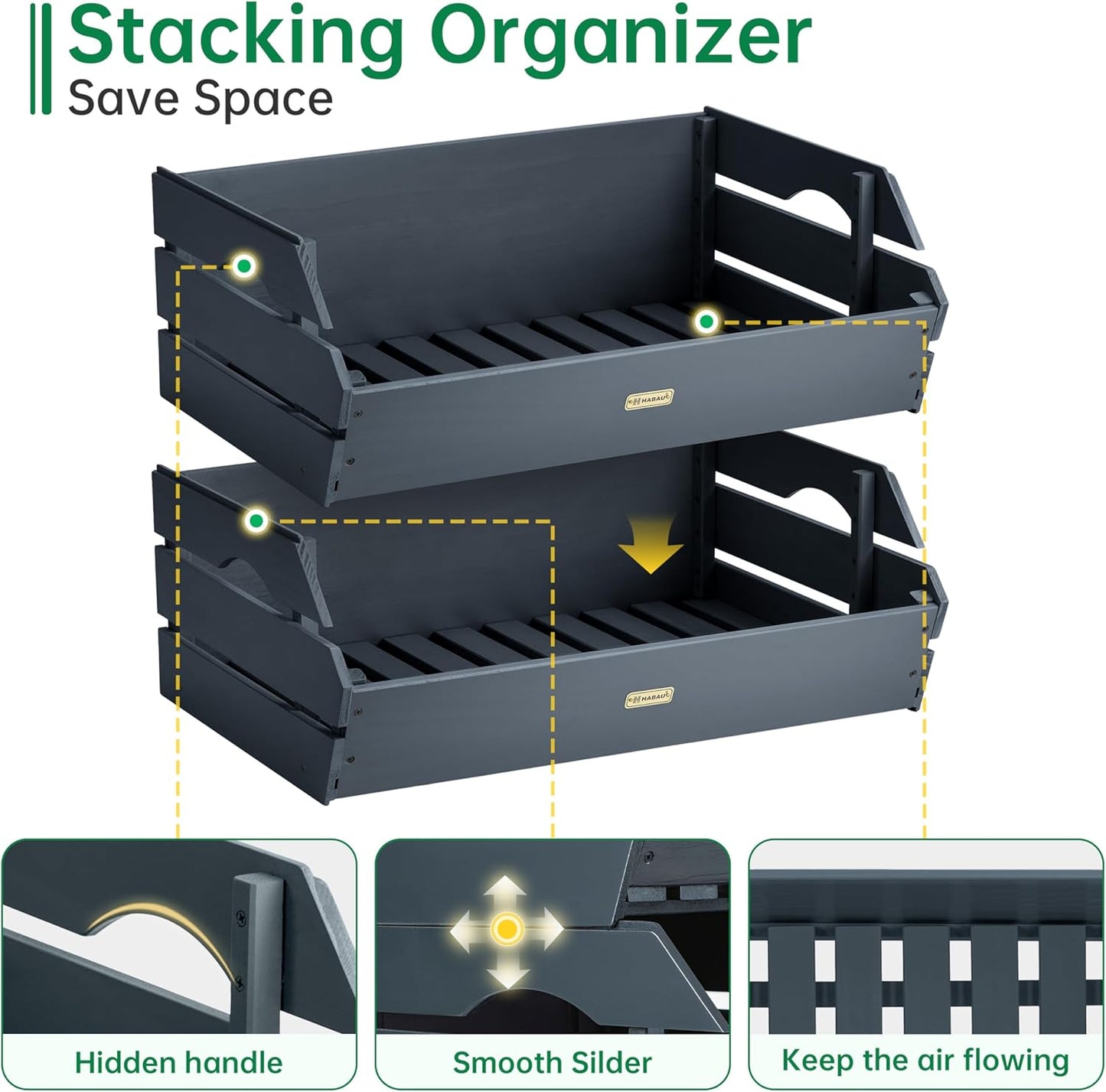 HABAU Wood Potato Onion Storage Bins - Wooden Stackable Produce Basket - Fruit Vegetable Storage for Kitchen Pantry Organization, Set 2 Pieces