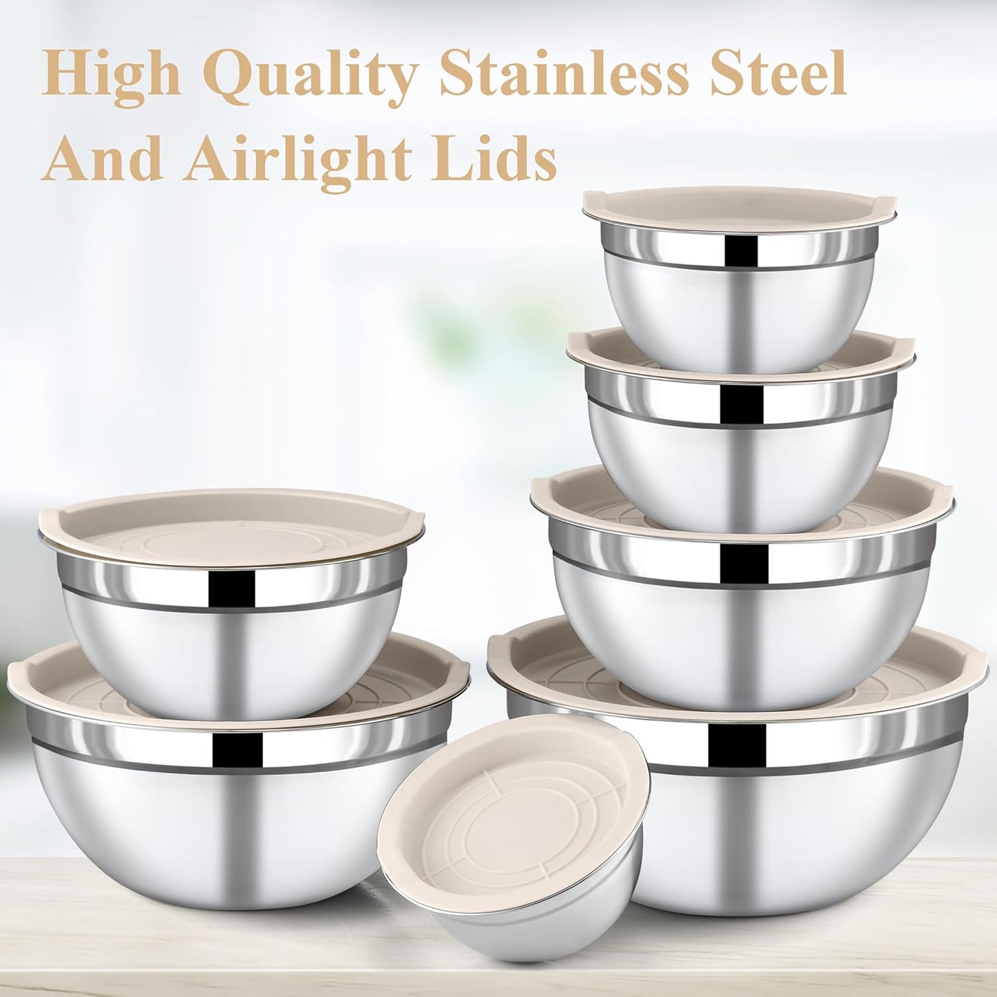 Mixing Bowls with Lids Set - 7 Piece Khaki Nesting Stainless Steel Mixing Bowls for Kitchen, Sizes 4.5, 4, 3.5, 2.1, 1.5, 1.1, 0.7 Qt for Baking, Cooking and Serving, Dishwasher Safe